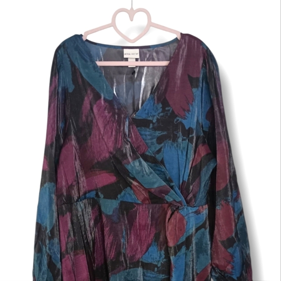 NWT Ava & Viv Balloon Long Sleeve Midi Wrap Dress In Black Floral Size 1X - Picture 7 of 11